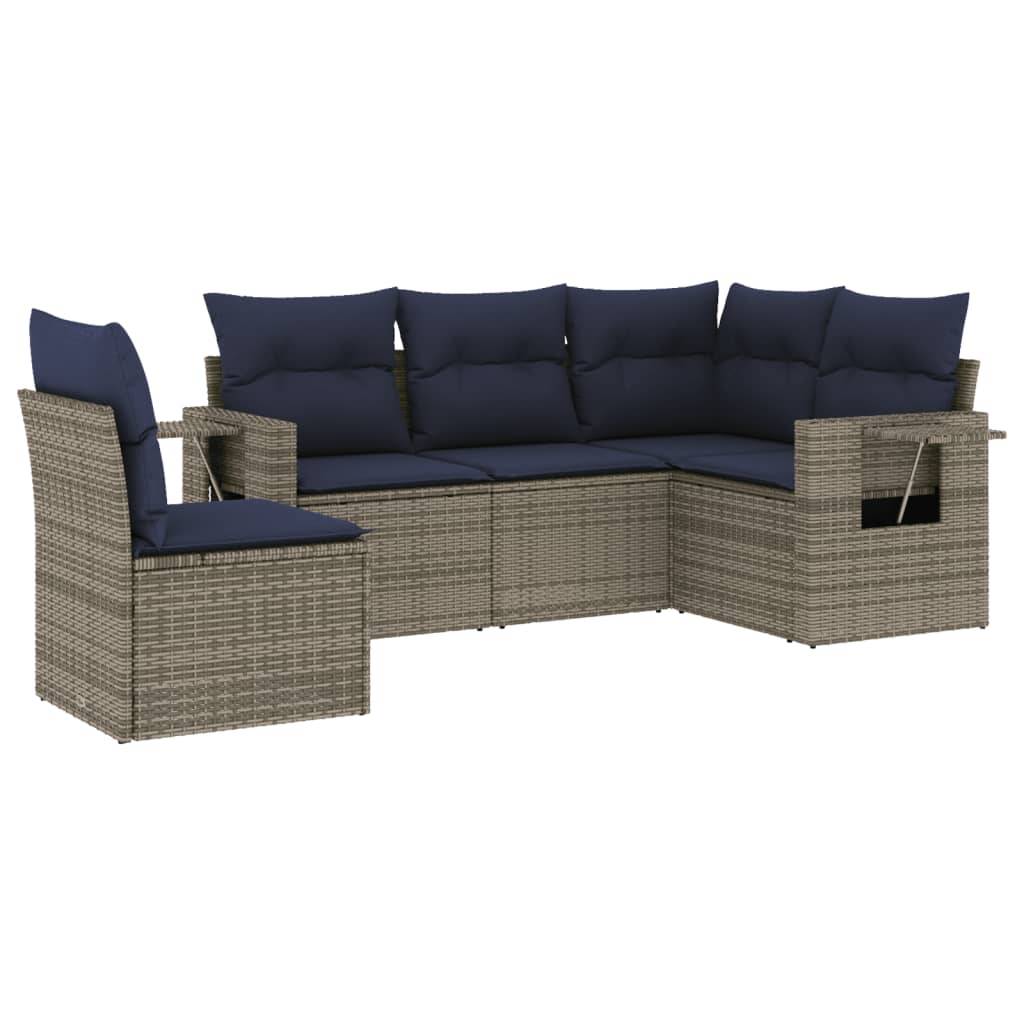 vidaXL 5-teiliges Gartensofa-Set mit Kissen, grau, Polyrattan