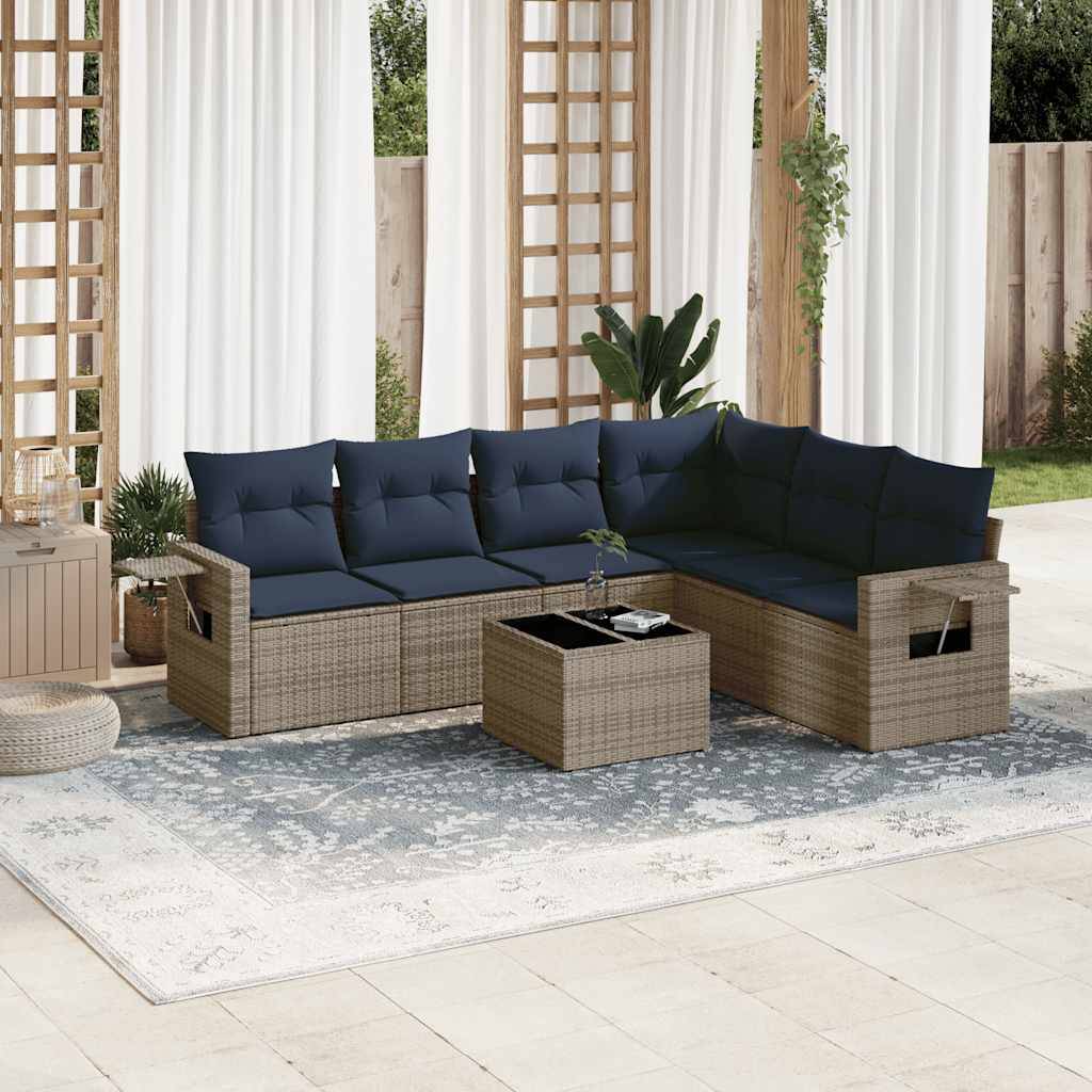 vidaXL 7-teiliges Gartensofa-Set mit Kissen, grau, Polyrattan