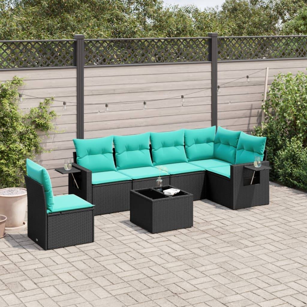 vidaXL 7-teiliges Gartensofa-Set mit Kissen, schwarzes Polyrattan