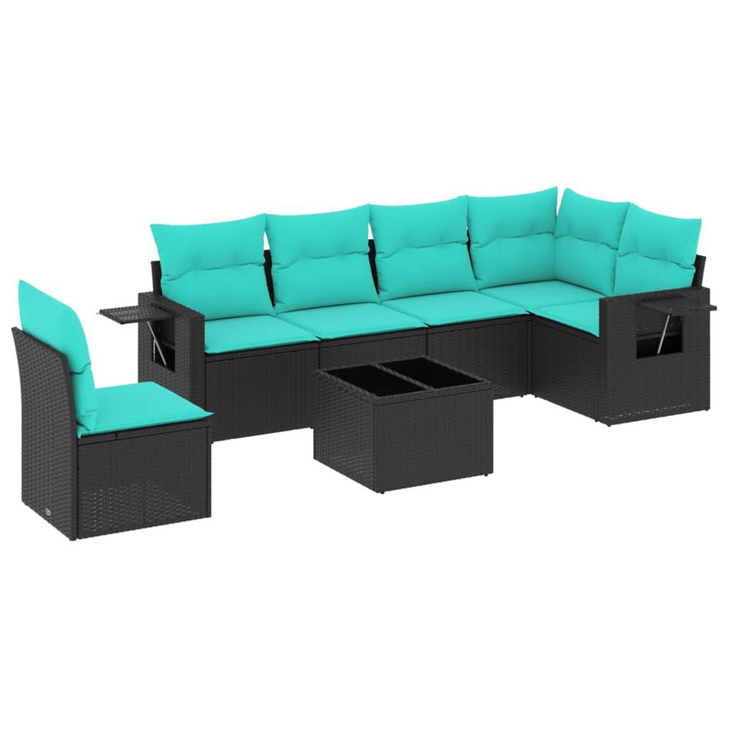 vidaXL 7-teiliges Gartensofa-Set mit Kissen, schwarzes Polyrattan