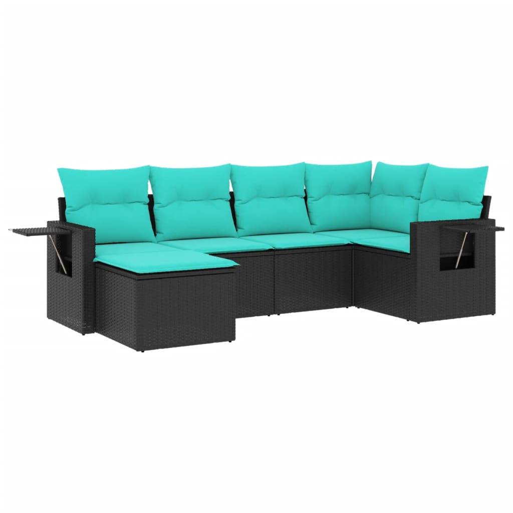 vidaXL 6-teiliges Gartensofa-Set mit Kissen, schwarzes Polyrattan