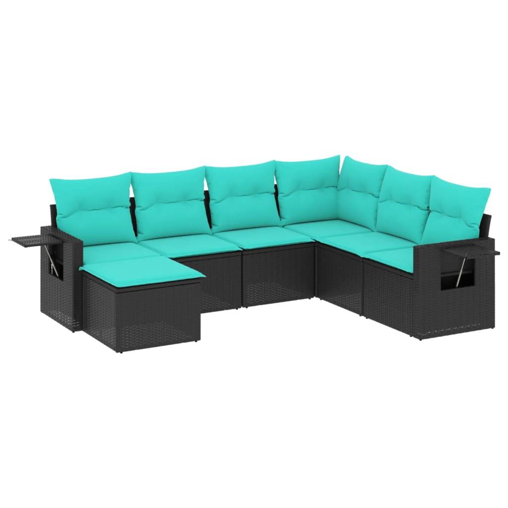vidaXL 7-teiliges Gartensofa-Set mit Kissen, schwarzes Polyrattan