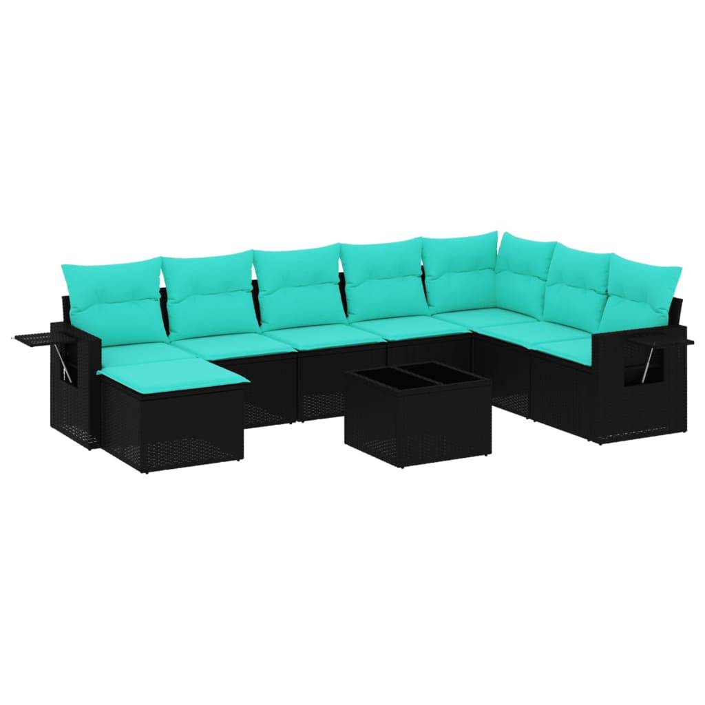 vidaXL 9-teiliges Gartensofa-Set mit Kissen, schwarzes Polyrattan