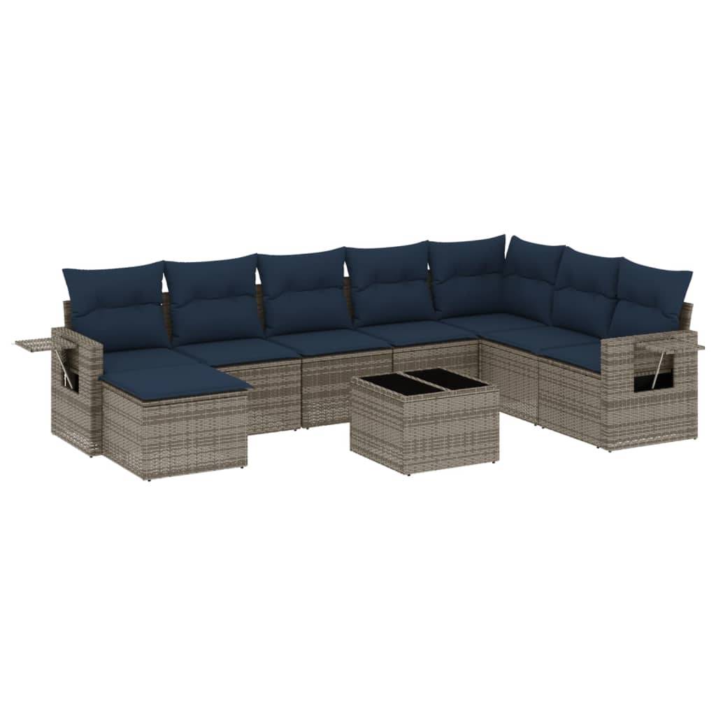 vidaXL 9-teiliges Gartensofa-Set mit Kissen, grau, Polyrattan
