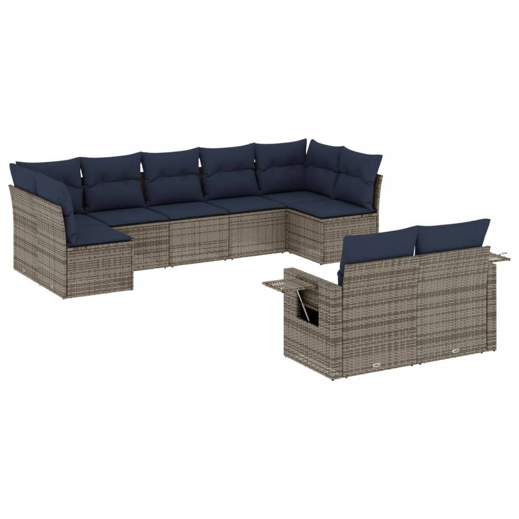 vidaXL 9-teiliges Gartensofa-Set mit Kissen, grau, Polyrattan