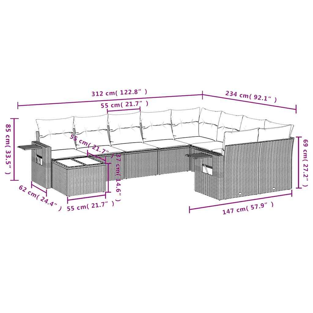 vidaXL 10-teiliges Gartensofa-Set mit Kissen, schwarzes Polyrattan