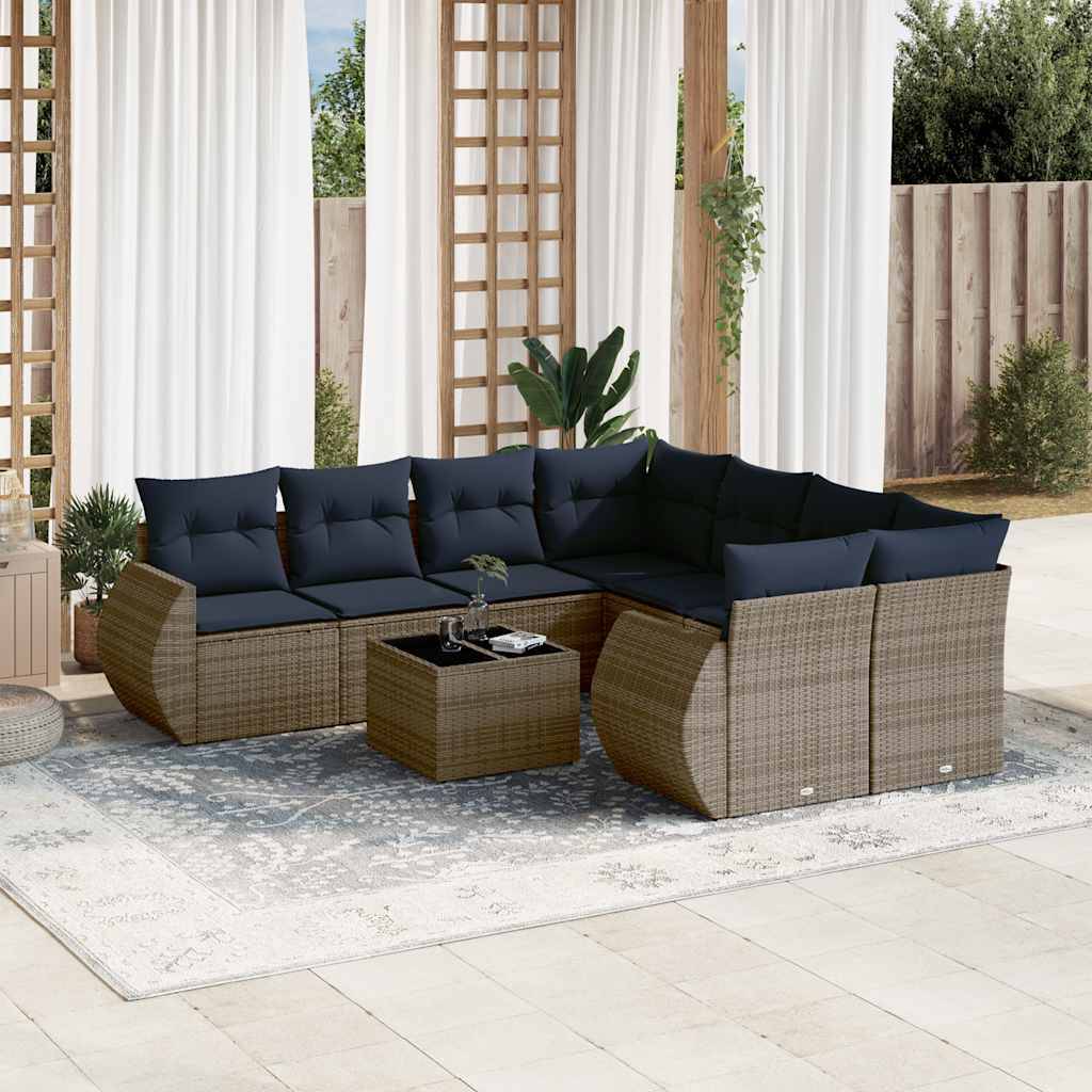 vidaXL 9-teiliges Gartensofa-Set mit Kissen, grau, Polyrattan