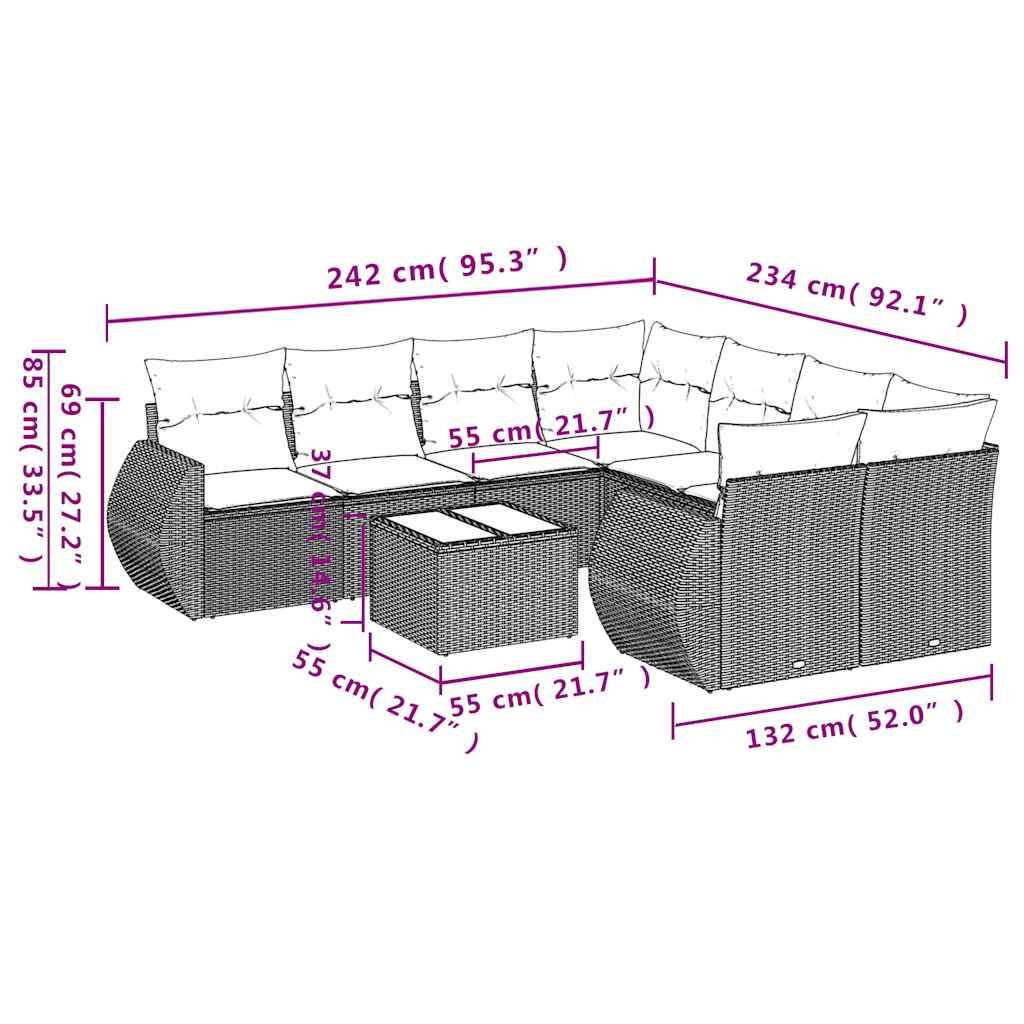 vidaXL 9-teiliges Gartensofa-Set mit Kissen, grau, Polyrattan