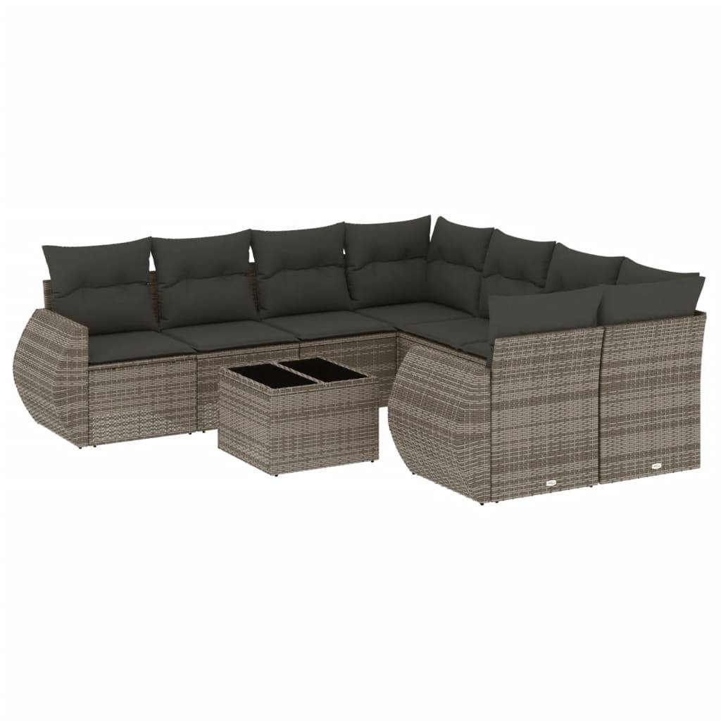 vidaXL 9-teiliges Gartensofa-Set mit Kissen, grau, Polyrattan