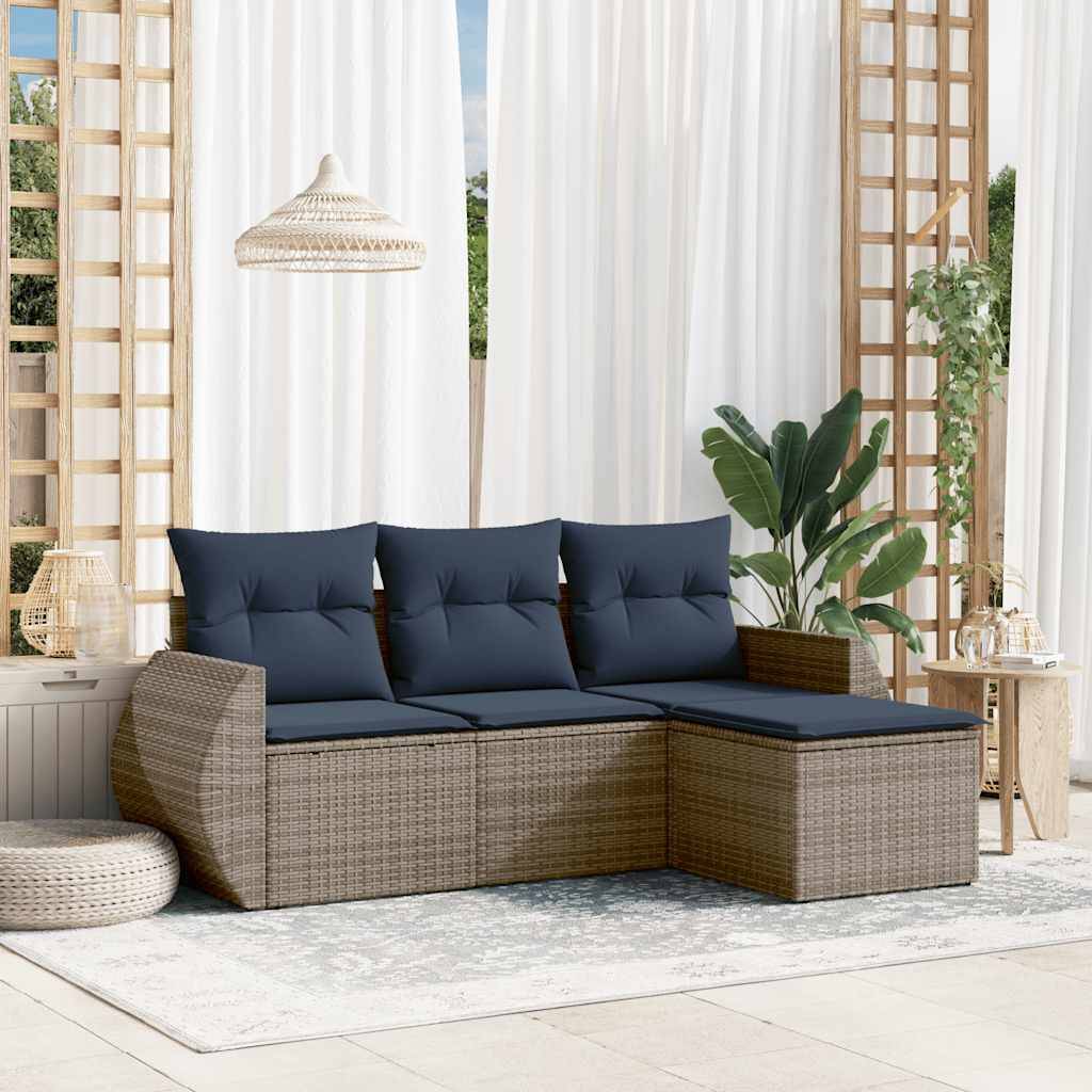 vidaXL 4-teiliges Gartensofa-Set mit Kissen, grau, Polyrattan