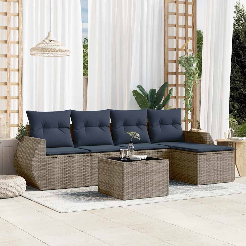 vidaXL 6-teiliges Gartensofa-Set mit Kissen, grau, Polyrattan