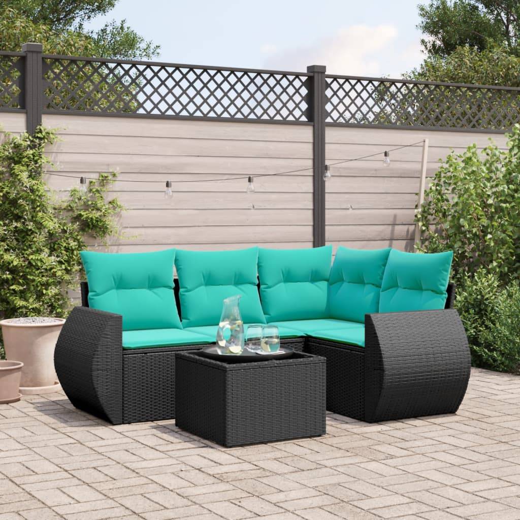vidaXL 5-teiliges Gartensofa-Set mit Kissen, schwarzes Polyrattan