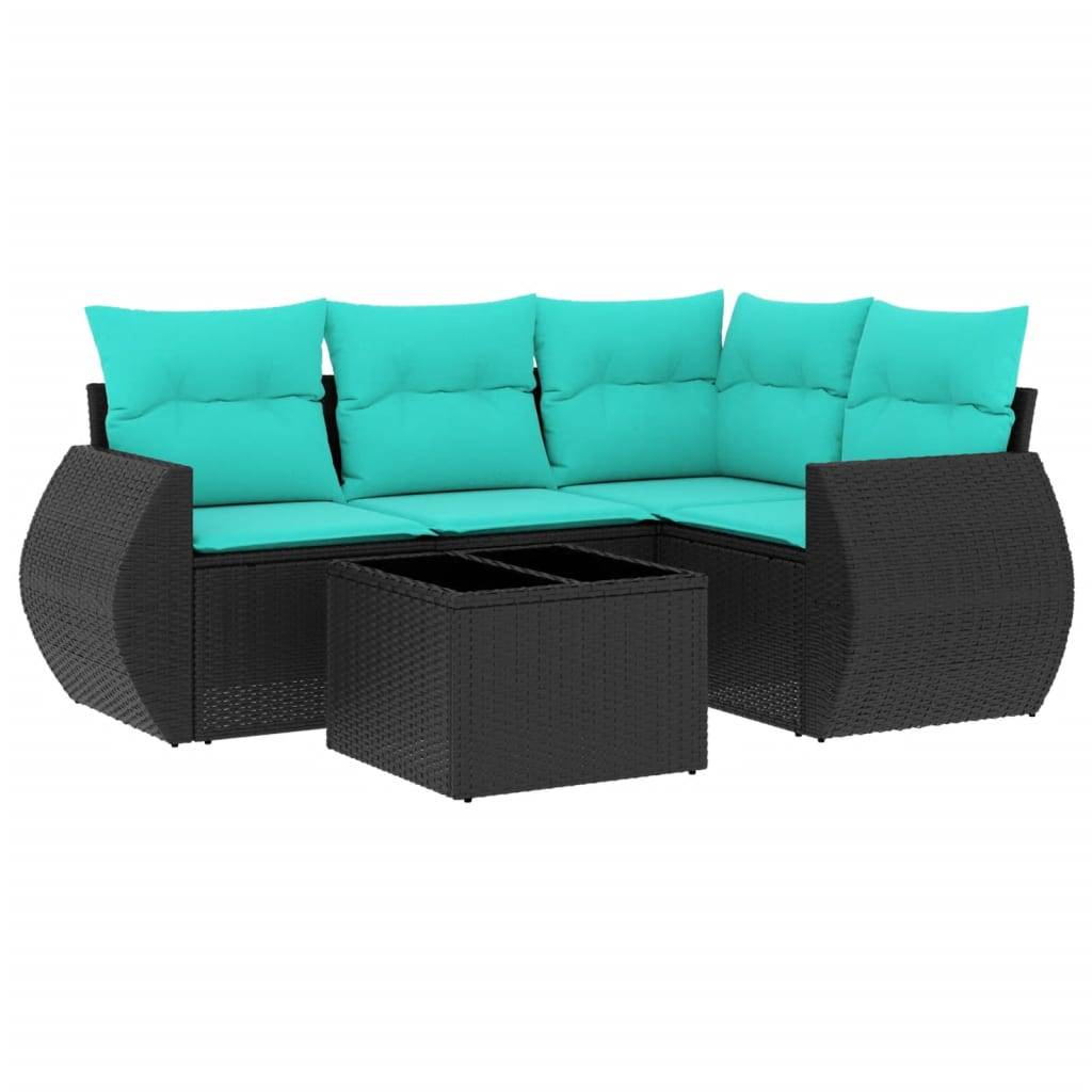 vidaXL 5-teiliges Gartensofa-Set mit Kissen, schwarzes Polyrattan