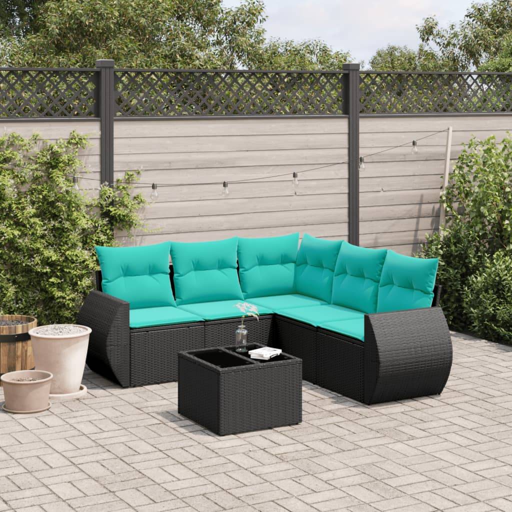 vidaXL 6-teiliges Gartensofa-Set mit Kissen, schwarzes Polyrattan