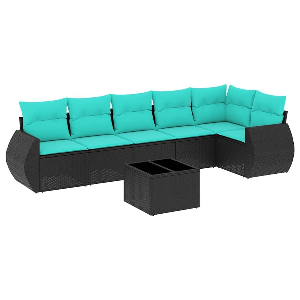 vidaXL 7-teiliges Gartensofa-Set mit Kissen, schwarzes Polyrattan