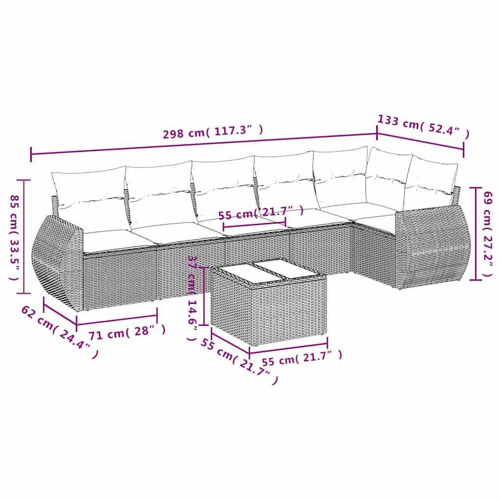 vidaXL 7-teiliges Gartensofa-Set mit Kissen, schwarzes Polyrattan