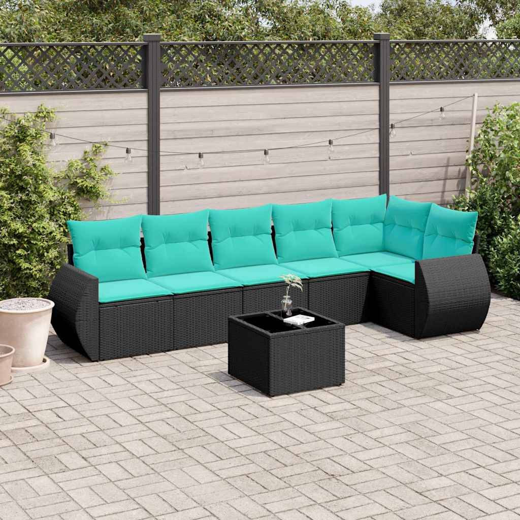 vidaXL 7-teiliges Gartensofa-Set mit Kissen, schwarzes Polyrattan