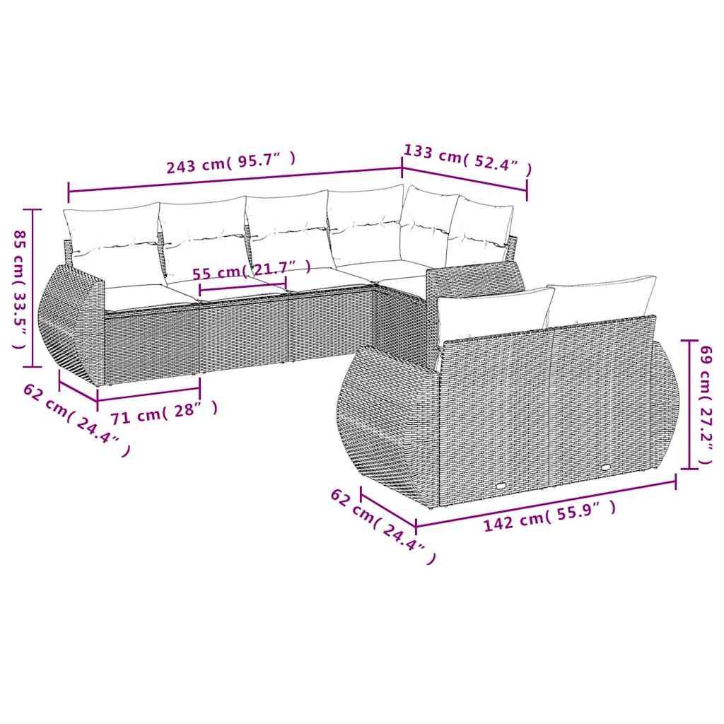 vidaXL 7-teiliges Gartensofa-Set mit Kissen, braun, Polyrattan