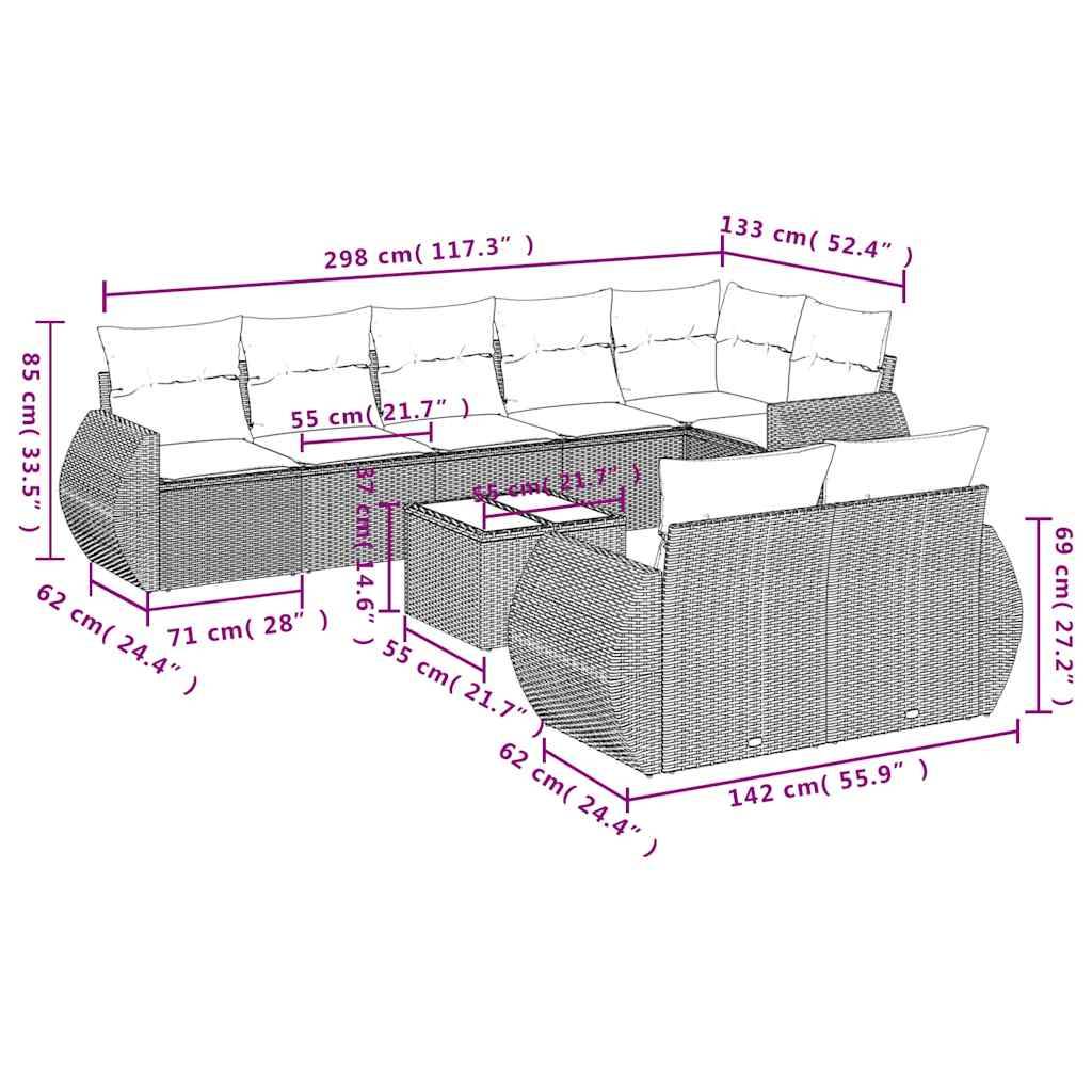 vidaXL 9-teiliges Gartensofa-Set mit Kissen, schwarzes Polyrattan