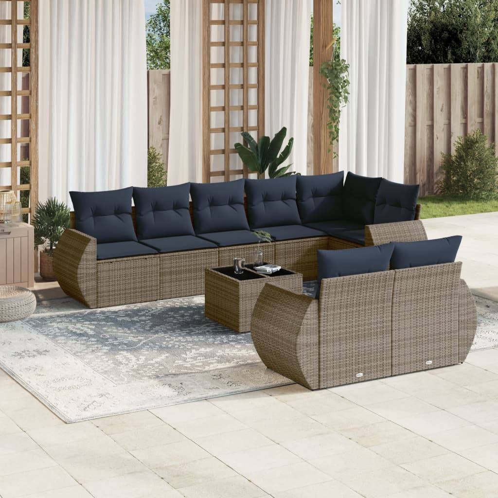 vidaXL 9-teiliges Gartensofa-Set mit Kissen, grau, Polyrattan