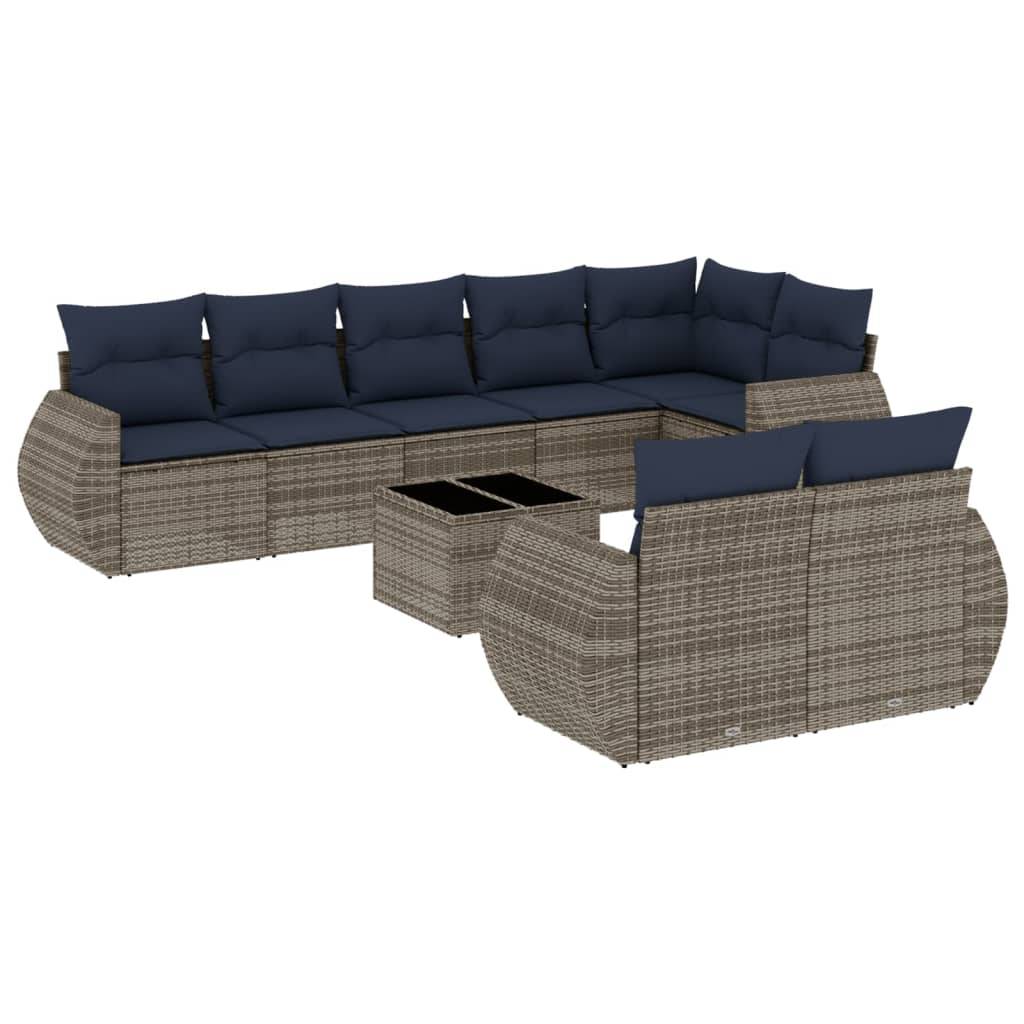 vidaXL 9-teiliges Gartensofa-Set mit Kissen, grau, Polyrattan