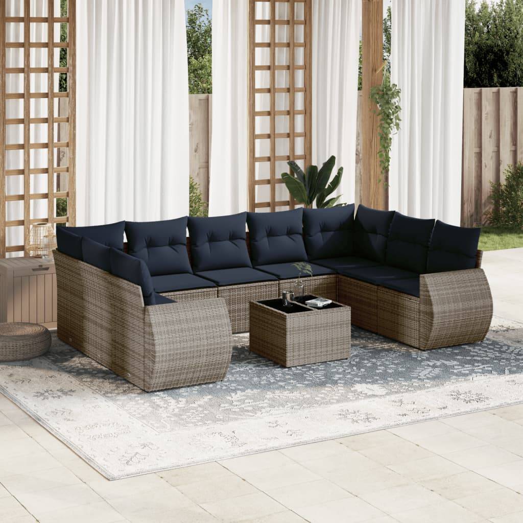vidaXL 10-teiliges Gartensofa-Set mit Kissen, grau, Polyrattan