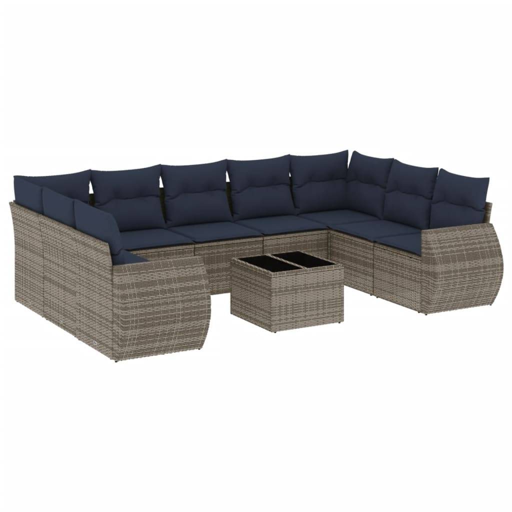 vidaXL 10-teiliges Gartensofa-Set mit Kissen, grau, Polyrattan
