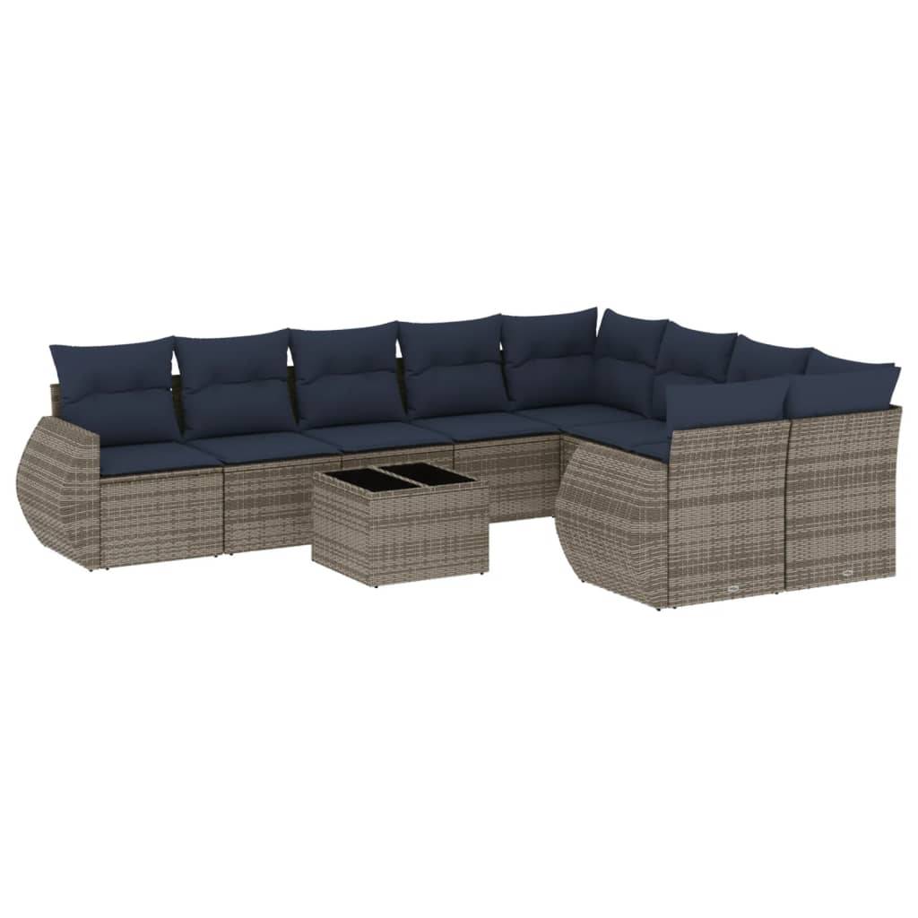 vidaXL 10-teiliges Gartensofa-Set mit Kissen, grau, Polyrattan