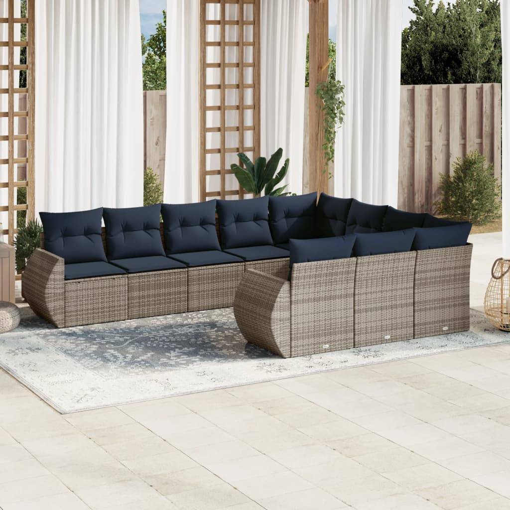 vidaXL 10-teiliges Gartensofa-Set mit Kissen, grau, Polyrattan