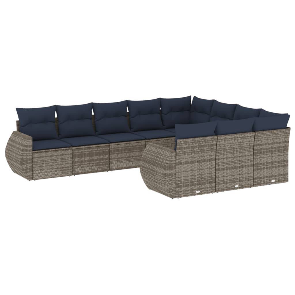 vidaXL 10-teiliges Gartensofa-Set mit Kissen, grau, Polyrattan