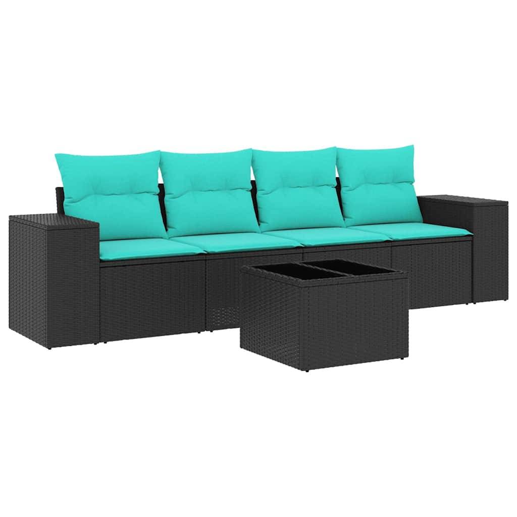 vidaXL 5-teiliges Gartensofa-Set mit Kissen, schwarzes Polyrattan