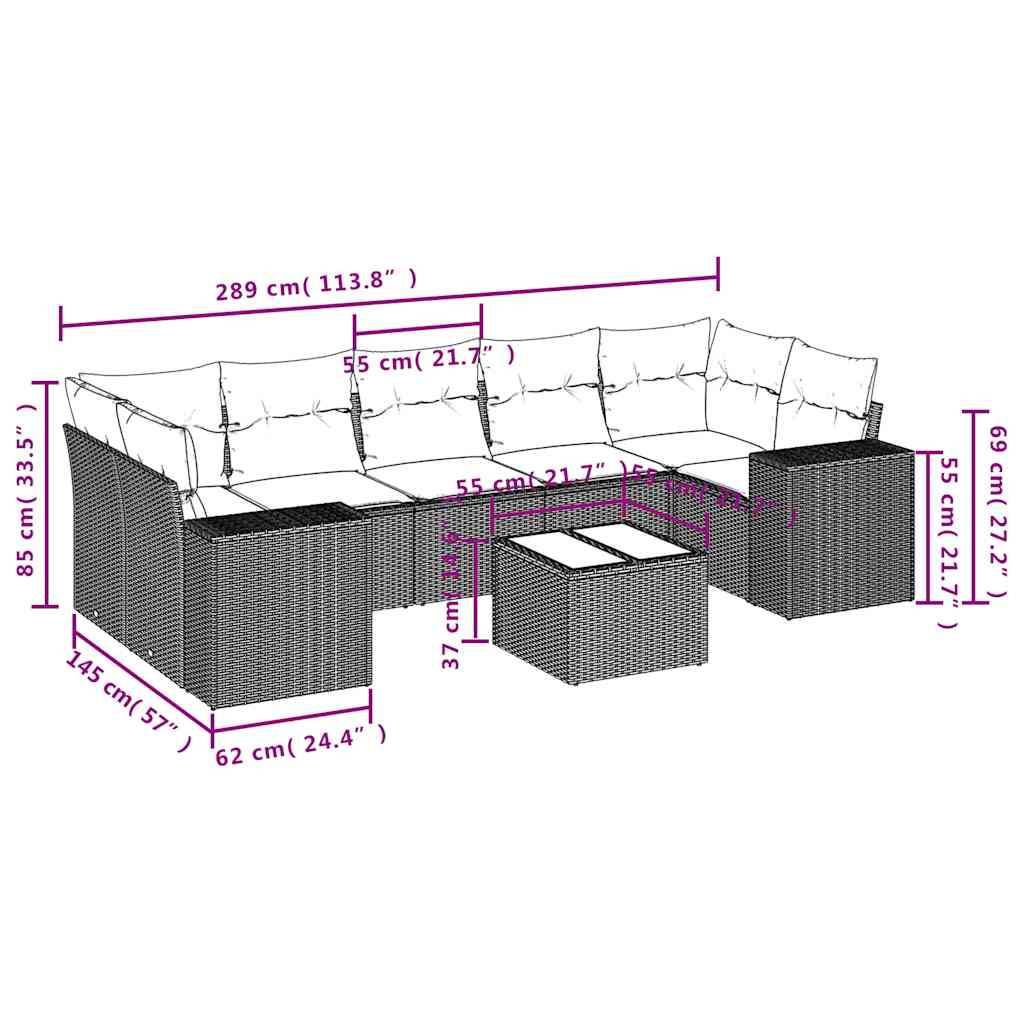 vidaXL 8-teiliges Gartensofa-Set mit Kissen, schwarzes Polyrattan