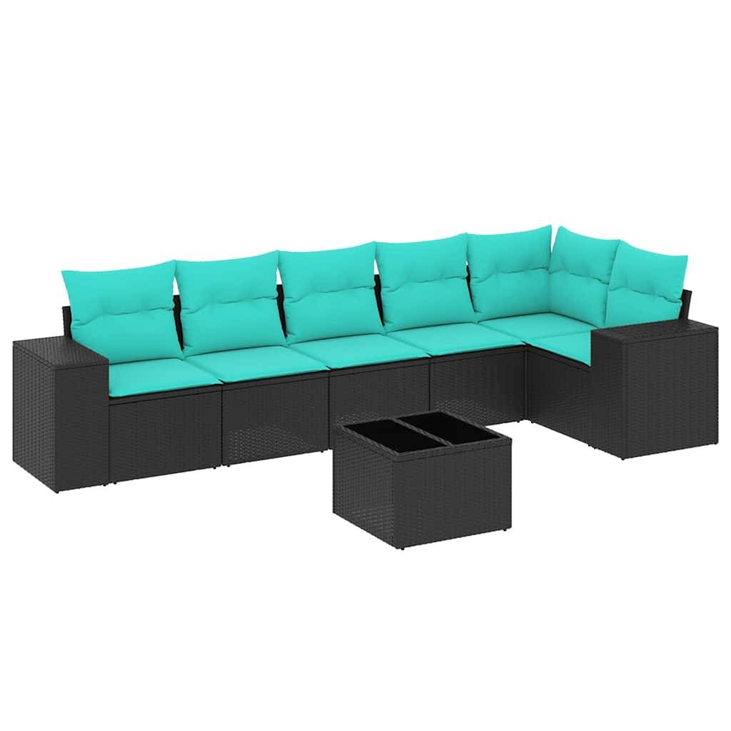 vidaXL 7-teiliges Gartensofa-Set mit Kissen, schwarzes Polyrattan