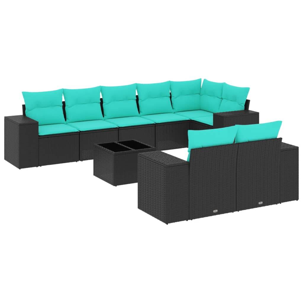 vidaXL 9-teiliges Gartensofa-Set mit Kissen, schwarzes Polyrattan