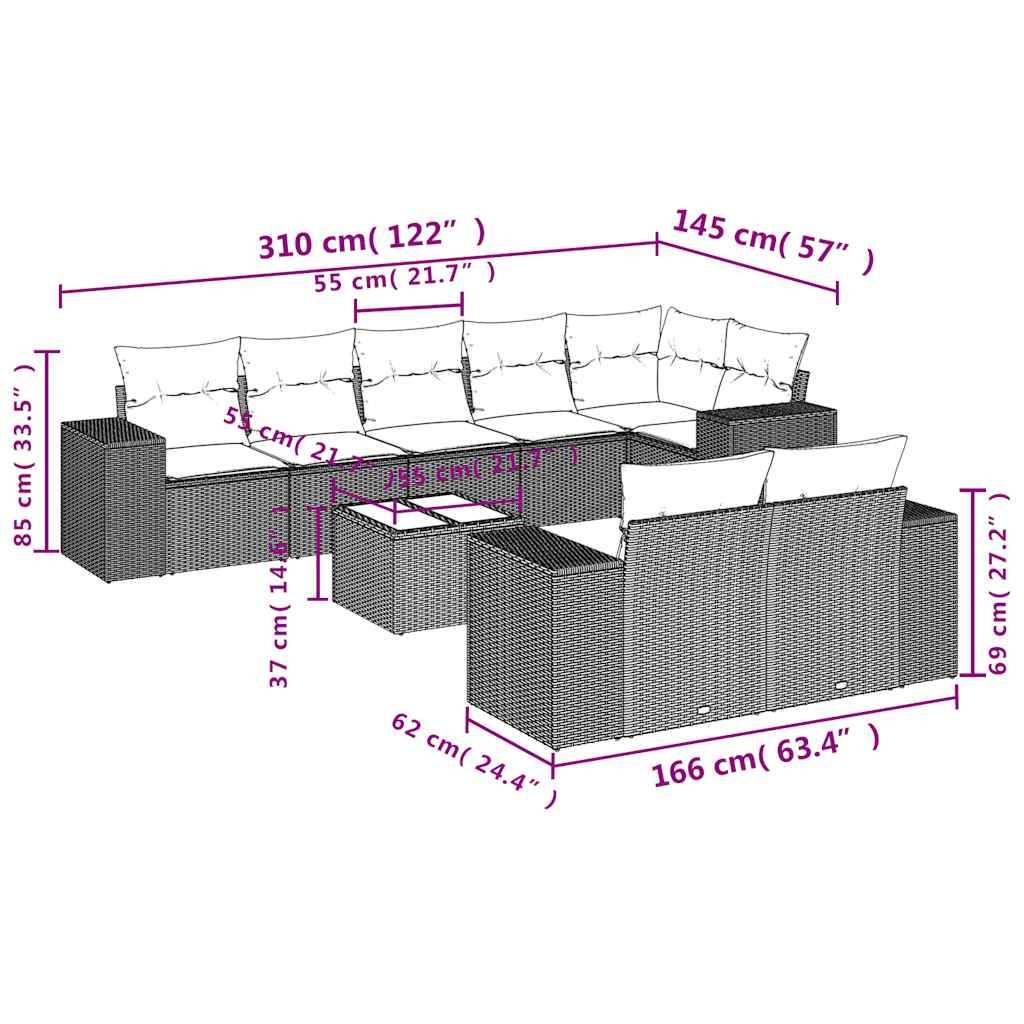 vidaXL 9-teiliges Gartensofa-Set mit Kissen, schwarzes Polyrattan