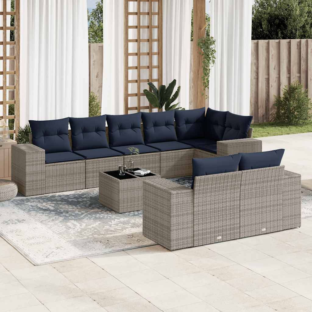 vidaXL 9-teiliges Gartensofa-Set mit Kissen, grau, Polyrattan