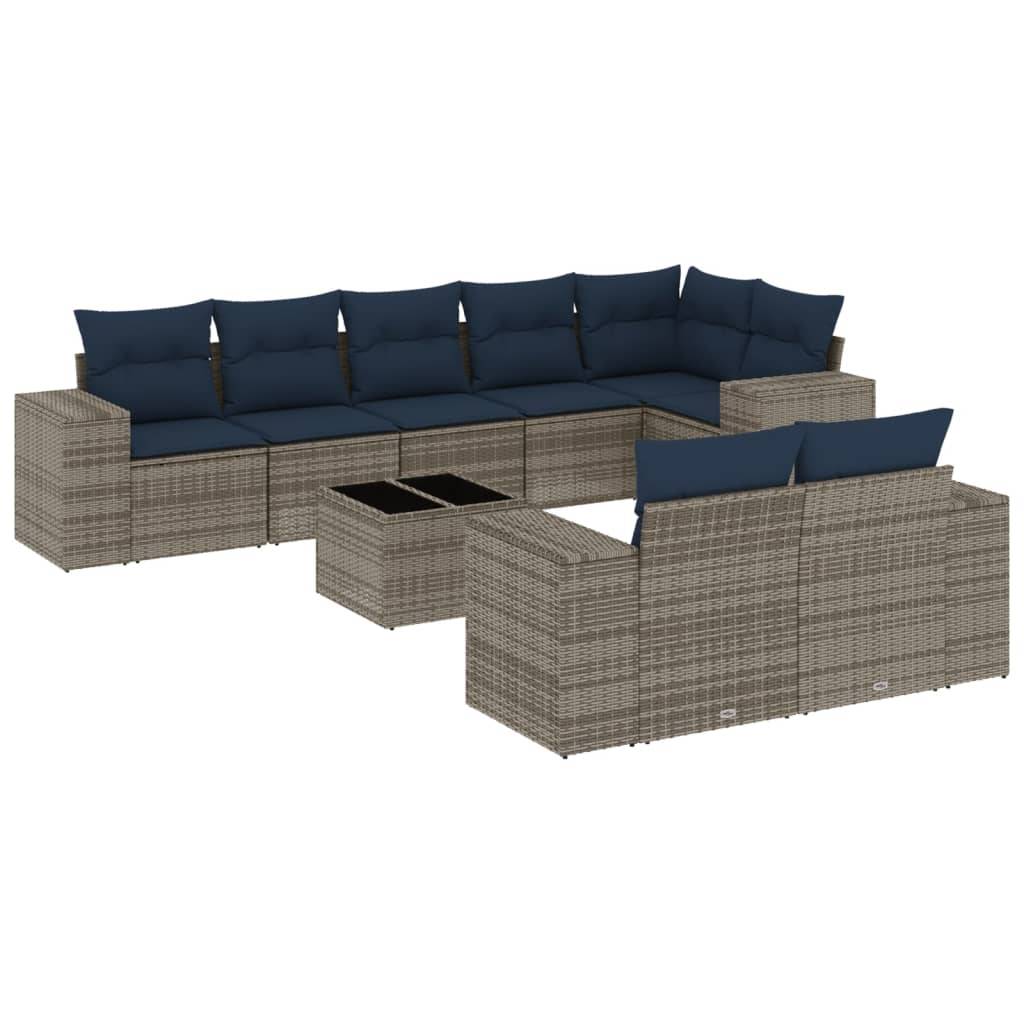 vidaXL 9-teiliges Gartensofa-Set mit Kissen, grau, Polyrattan