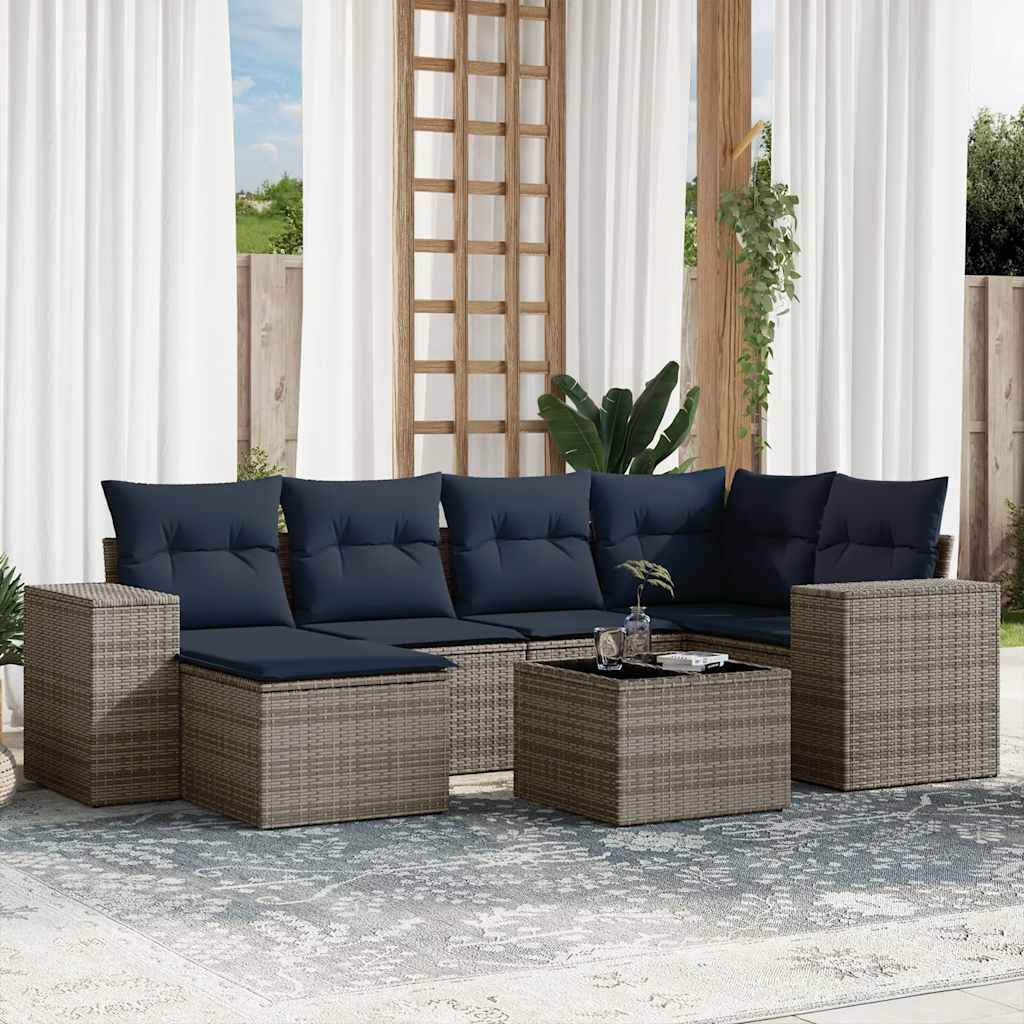 vidaXL 7-teiliges Gartensofa-Set mit Kissen, grau, Polyrattan