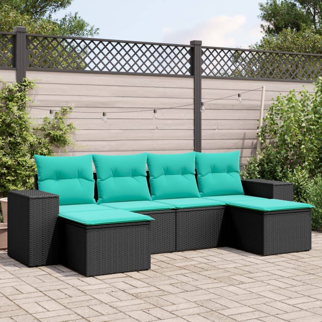 vidaXL 6-teiliges Gartensofa-Set mit Kissen, schwarzes Polyrattan