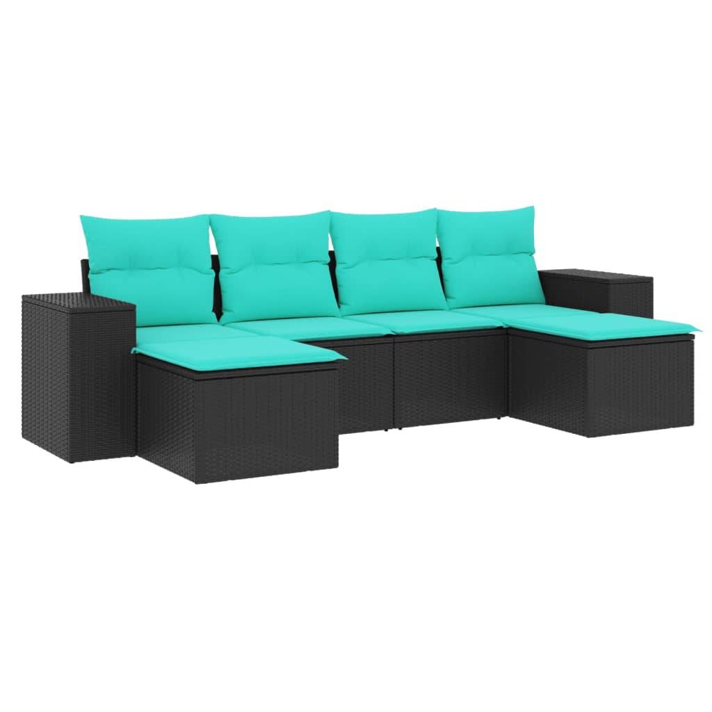 vidaXL 6-teiliges Gartensofa-Set mit Kissen, schwarzes Polyrattan