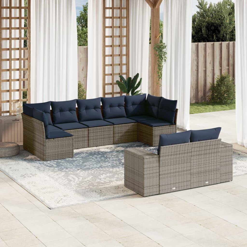 vidaXL 9-teiliges Gartensofa-Set mit Kissen, grau, Polyrattan