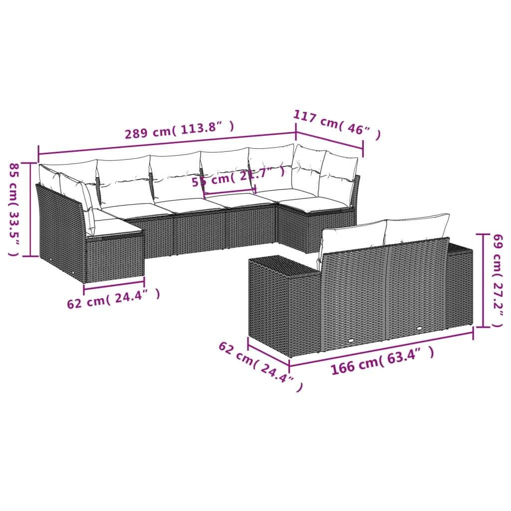 vidaXL 9-teiliges Gartensofa-Set mit Kissen, grau, Polyrattan