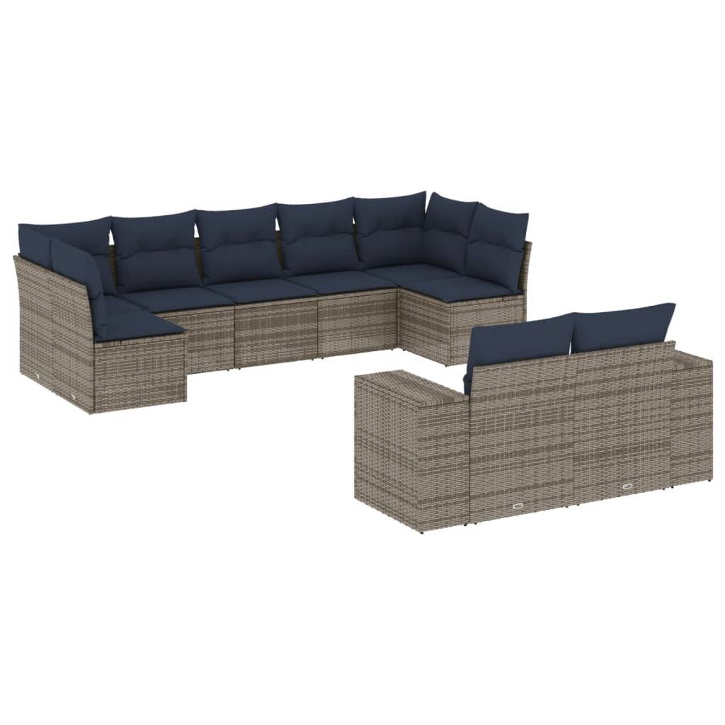 vidaXL 9-teiliges Gartensofa-Set mit Kissen, grau, Polyrattan