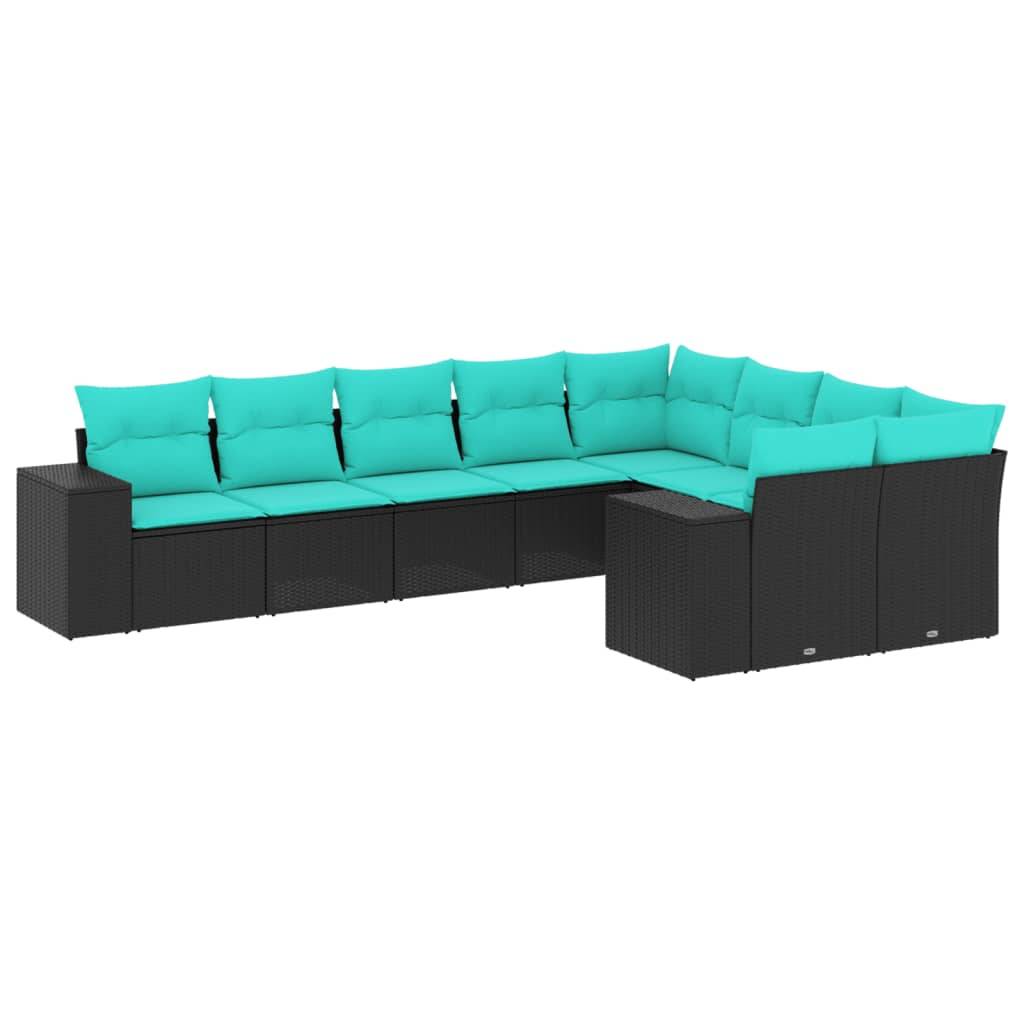 vidaXL 9-teiliges Gartensofa-Set mit Kissen, schwarzes Polyrattan