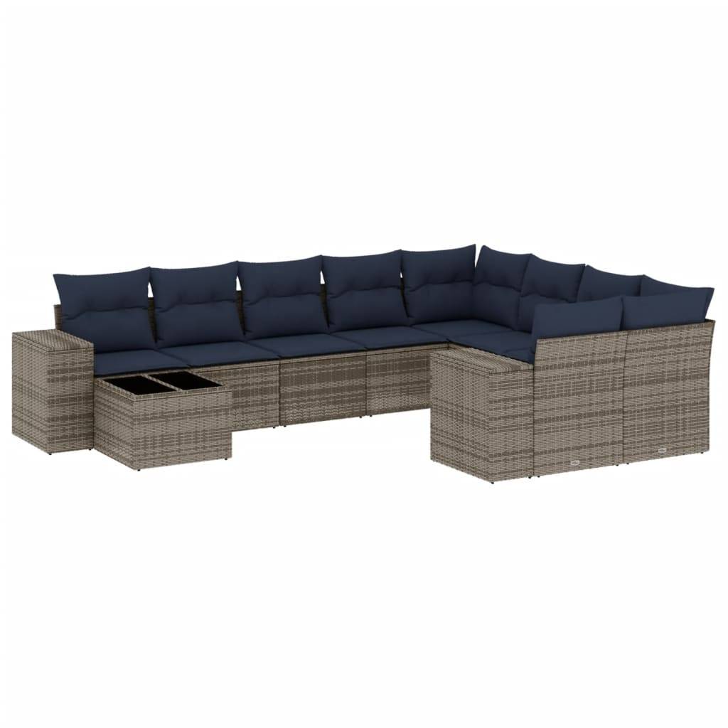 vidaXL 10-teiliges Gartensofa-Set mit Kissen, grau, Polyrattan