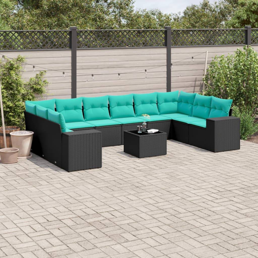 vidaXL 11-teiliges Gartensofa-Set mit Kissen, schwarzes Polyrattan