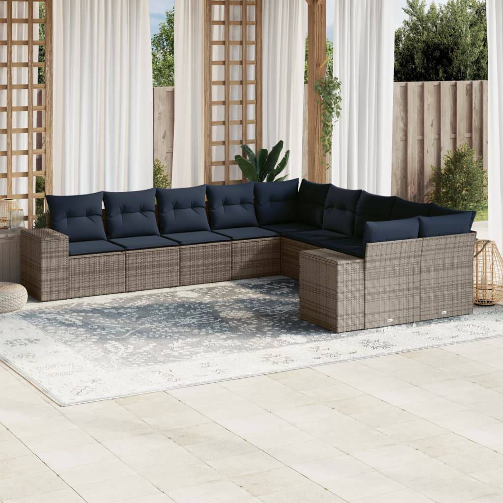 vidaXL 10-teiliges Gartensofa-Set mit Kissen, grau, Polyrattan