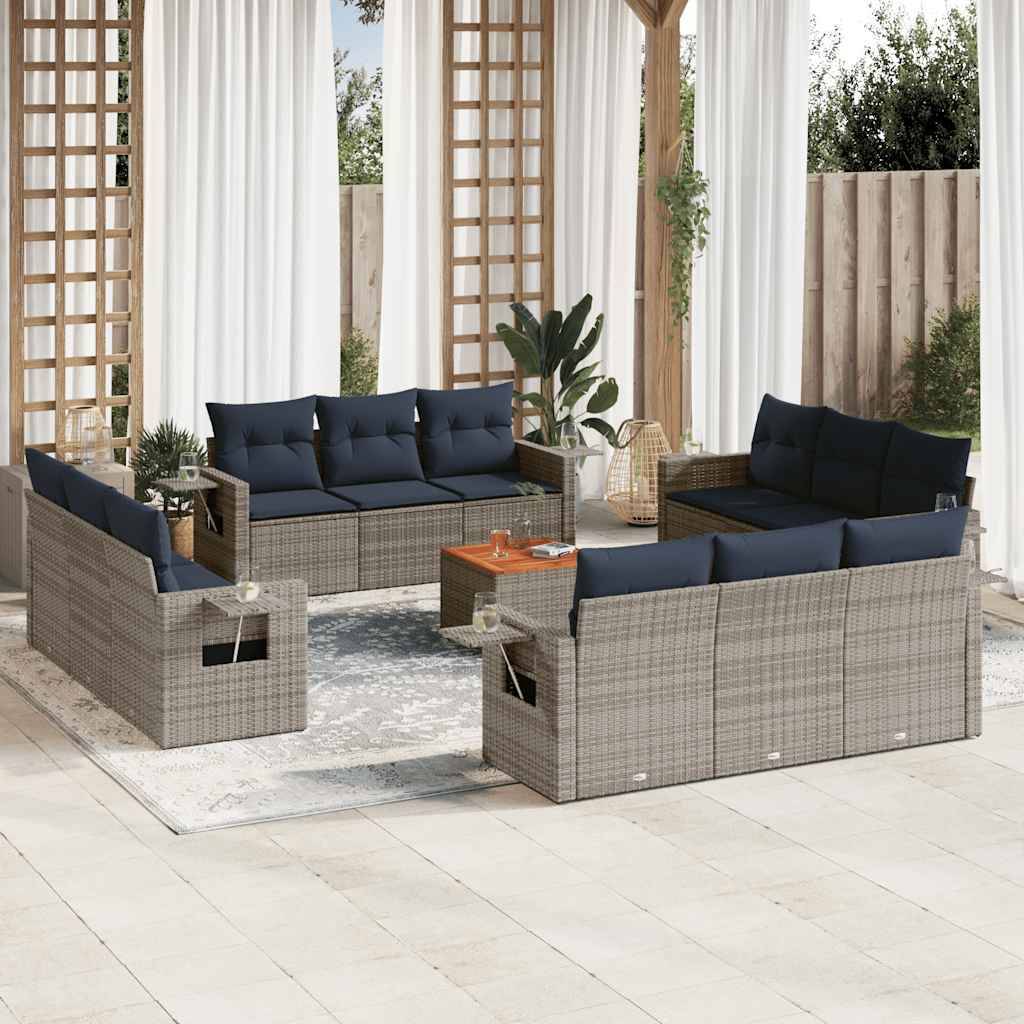 vidaXL 13-teiliges Gartensofa-Set mit Kissen, grau, Polyrattan