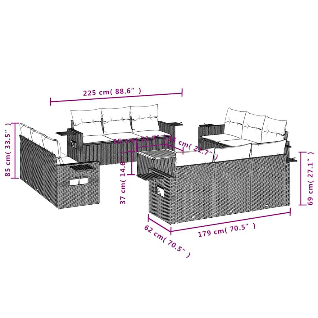 vidaXL 13-teiliges Gartensofa-Set mit Kissen, grau, Polyrattan