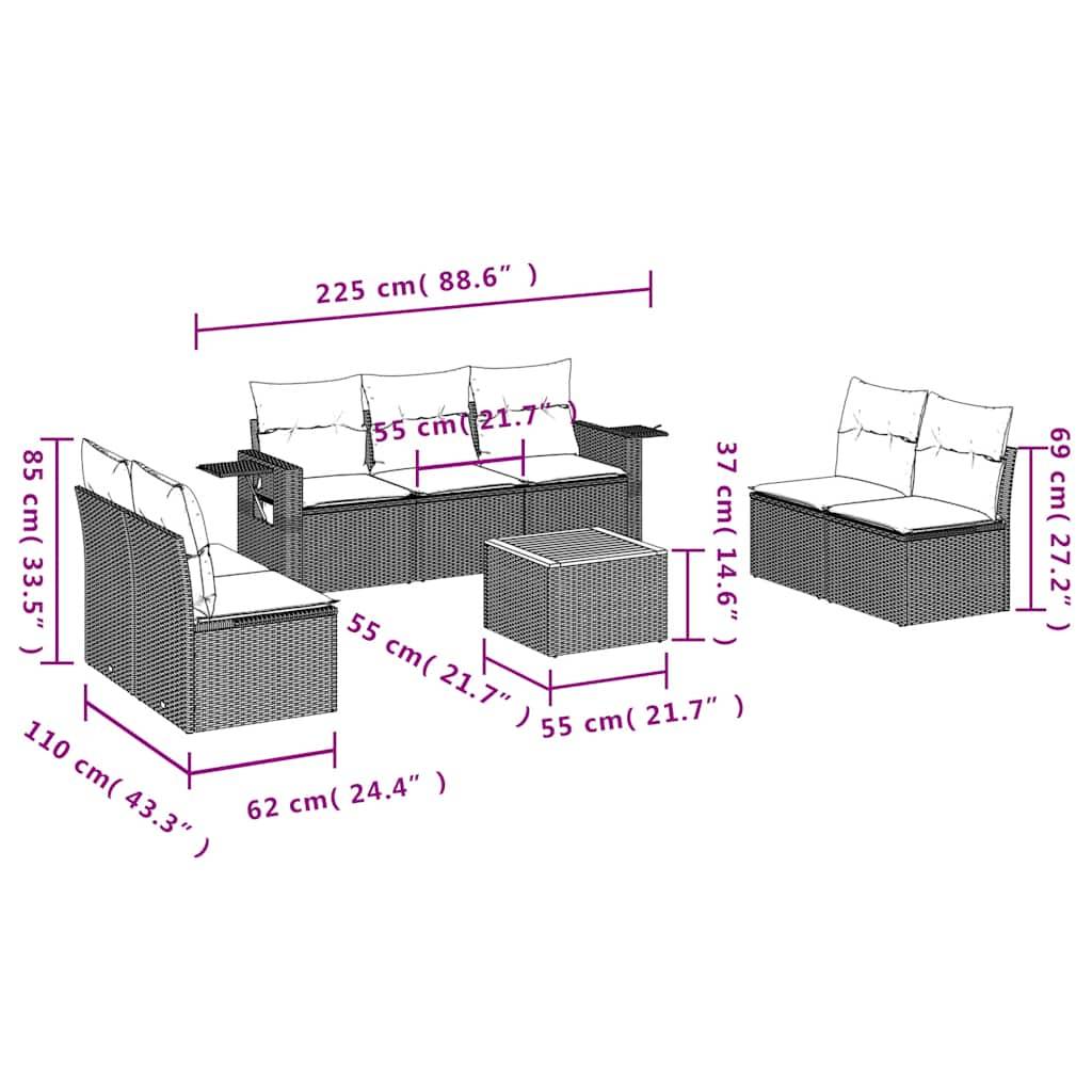 vidaXL 8-teiliges Gartensofa-Set mit Kissen, grau, Polyrattan